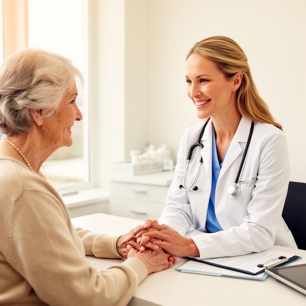 Médica atendendo paciente idosa com carinho